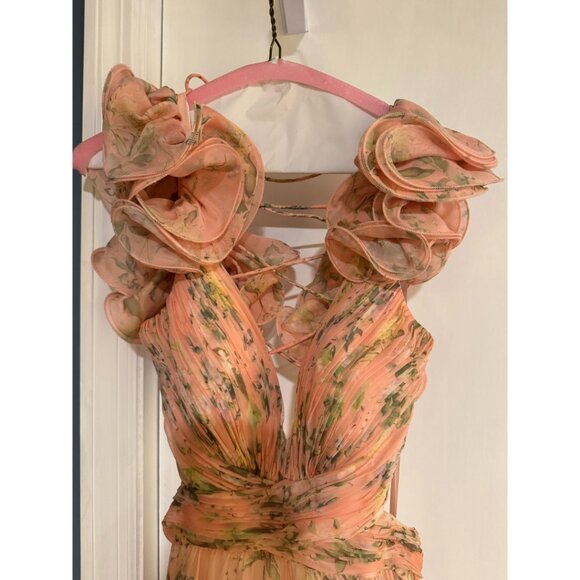 Mac Duggal Pink Ruffle Tiered Floral Cut-Out Chiffon Gown Size 6 *Hemmed* - Picture 5 of 8